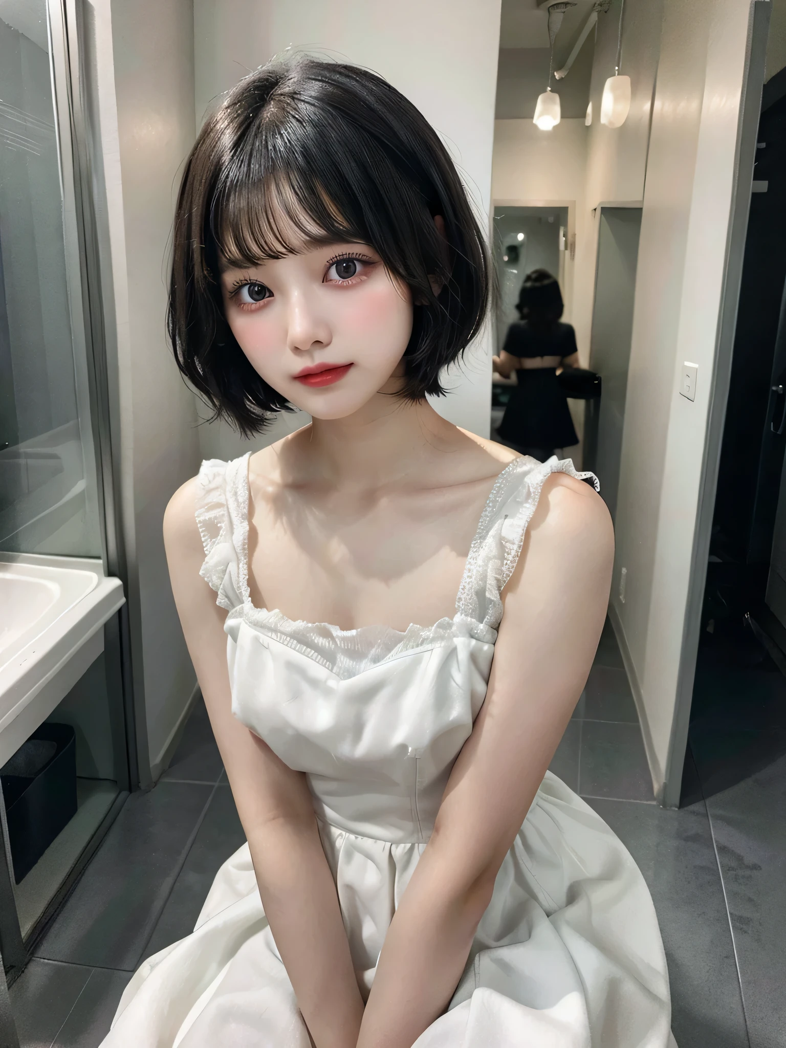 Black hair girl, indoor,short hair, white dress, 