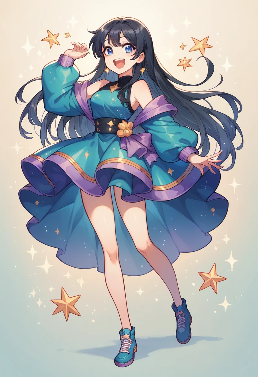 A girl, sparkling idol outfit, clothes, black hair, blue eyes, happy, sparking, standing, long hair, full body 