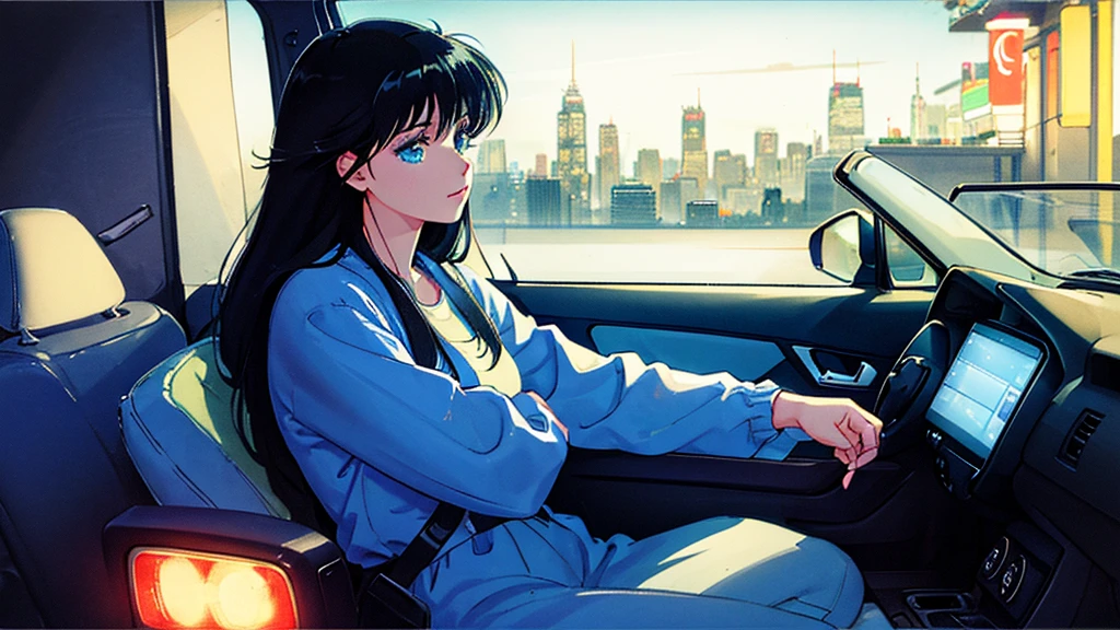 Create an image from the angle inside a car, showing a woman with a thoughtful expression on her face as she gazes out of the side window at the cityscape. The city outside should be visible, illuminated by streetlights and neon signs. Use soft, pastel colors and subtle gradients to capture a dreamy, reflective atmosphere. Ensure the interior of the car feels cozy and comfortable, adding to the overall serene vibe.窓の外を見ている。
