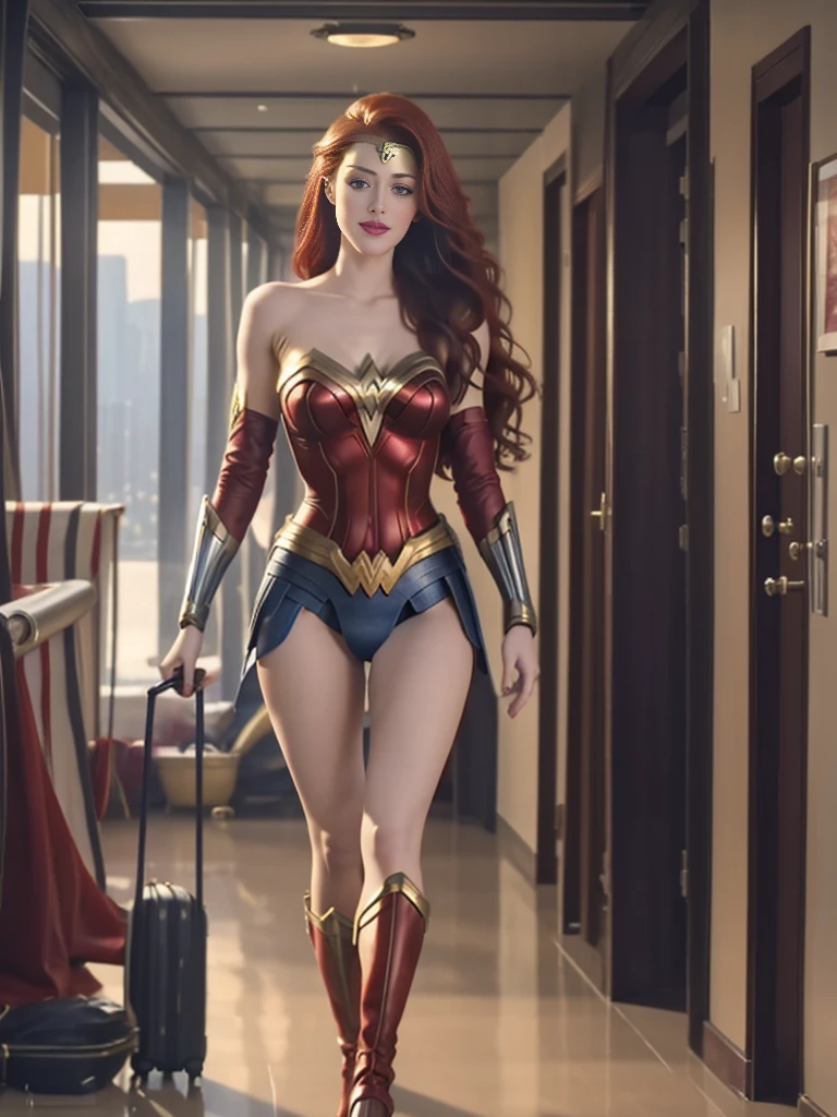 a sexy 28 year old woman, beautiful redhead AMBER HEARD alone, detailed eyes, lush lips, flirtatious smile, youthful enthusiasm, standing on the bridge of a starship, dressed as wonder woman, Walking down the hallway, realist, fotorrealist, 8k, high quality, Masterpiece, studio lighting, extremely detailed.