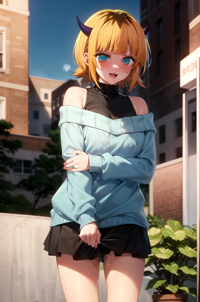 Best and highest quality, masterpiece, detailed,
memcho,
Open your mouth, A slight blush, :3, smile,
short hair, Blonde, Multicolored Hair, Aqua Eye, Blunt bangs, horn,
(Blue sweater:1.2), Black Shirt, Bare shoulders, Black Skirt, I tucked in my sweater.,
Are standing, Looking at the audience,
(Day:1.2), garden, Outdoor,
nsfw,(vulgarity:1.1),(fucked silly:1.1),(steam:1.1),(wet:1.1),(trembling:1.1)