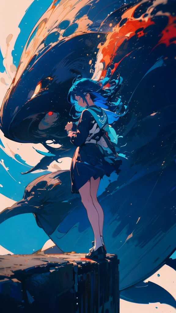 Blue-haired long hair,Design clothing,Seven-doppelganger shot,Anime style 4K,Anime girl with teal hair,High quality anime art style,Standing painting,Splash ink background,Blue Themes、Pure white background,Buildings,Face close-up,Buildings,Moon and sun、Long legs, whale flying in the sky,giant whale,くじら