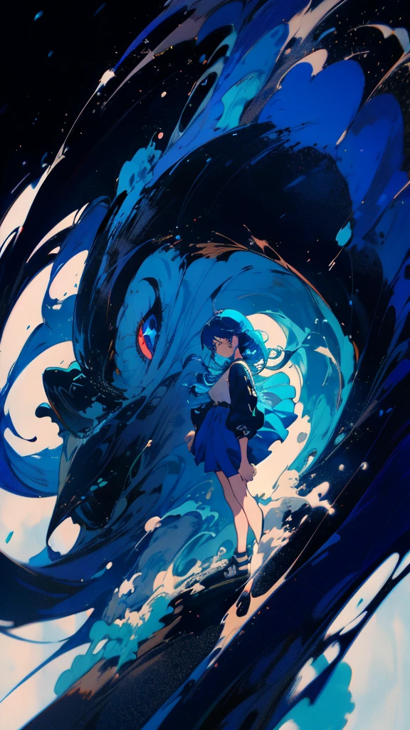 Blue-haired long hair，Design clothing，Seven-doppelganger shot，Anime style 4K，Anime girl with teal hair，High quality anime art style，Standing painting，Splash ink background，Blue Themes、Pure white background,Buildings,Face close-up,Buildings,Moon and sun、Long legs, whale flying in the sky,giant whale,くじら