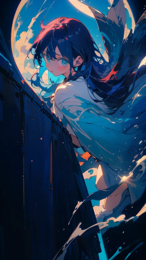 Blue-haired long hair,Design clothing,Seven-doppelganger nime style 4K,Anime girl with teal hair,High quality anime art style,Standing painting,Splash ink background,Blue Themes、Pure white background,Buildings,Face close-up,Buildings,Moon and sun、Long legs, whale flying in the sky,giant whale,くじら
