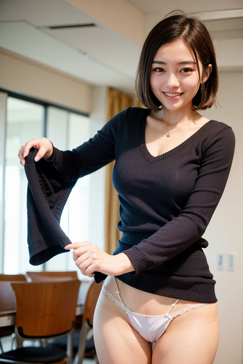 Top quality, 1 beautiful woman, super short Hair, wearing miniskirt, (Flirtingly lifting her skirt to show her panties:1.3)) , shy-smile, at school