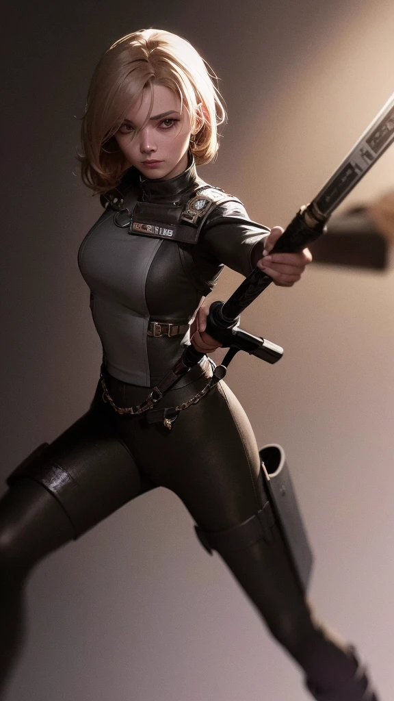 Masterpiece, Highest quality, 4K, The face is precise(((must))), concept art, best shot, Holding a beautifully decorated long sword, A brave pose, head to toe((must)), aschgray haired early 20's Russian girl, Wearing jet black protector, cutting edge protective gear,  The background is a battlefield, Ilya Kuvshinov's style