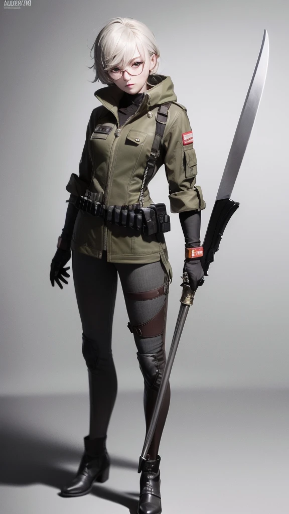 Masterpiece, Highest quality, 4K, The face is precise(((must))), concept art, best shot, Holding a beautifully decorated long sword, A brave pose, head to toe((must)), aschgray haired early 20's Russian girl, Wearing jet black protector, cutting edge protective gear,  The background is a battlefield, Ilya Kuvshinov's style