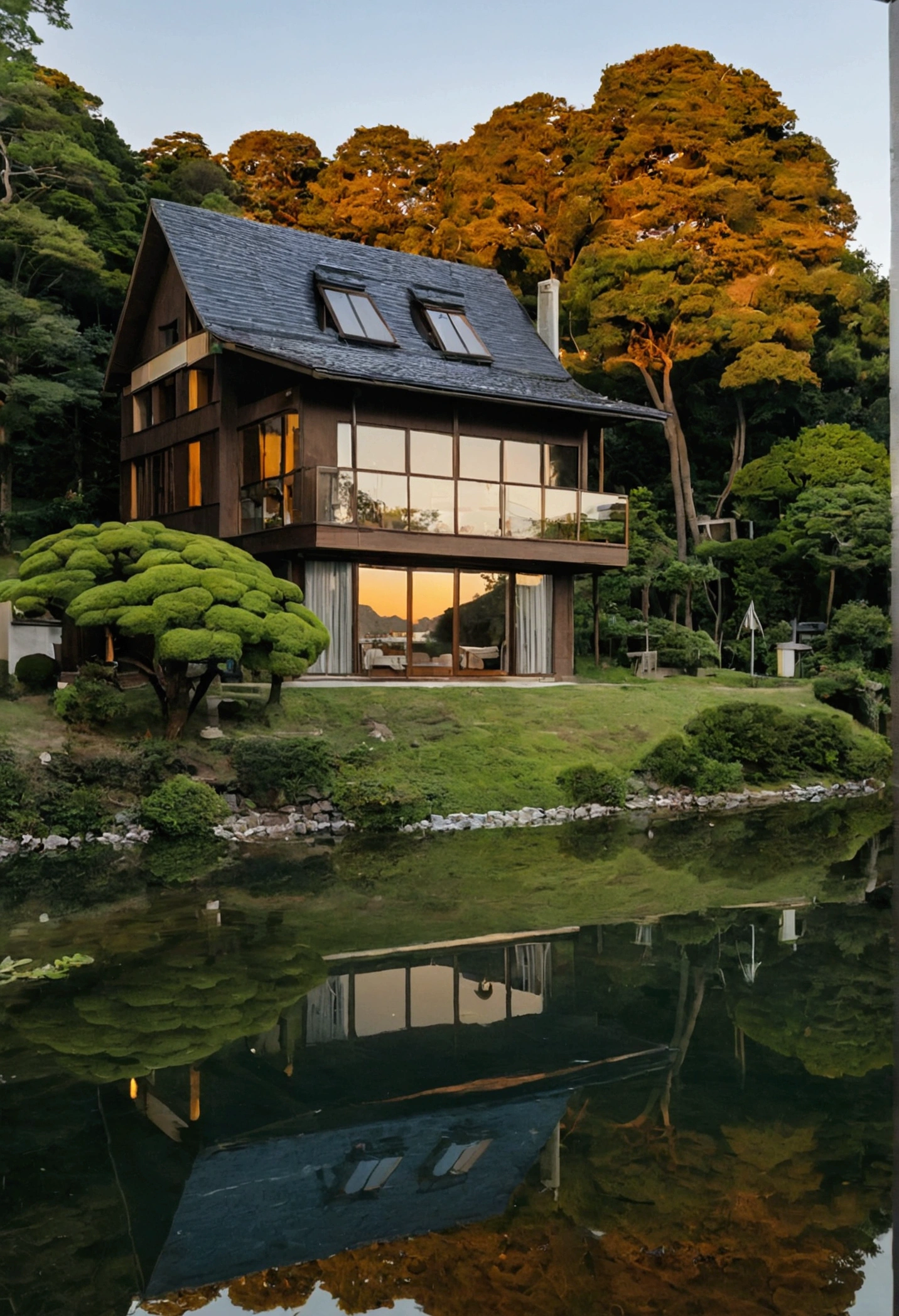 The Sunset Sun，high quality，Mont，Sunset showing a beautiful house by the lake. The house is made of wood、ホットタブ付きの大きなデッキthere is。. Trees in the background々And Mt.々there is. The water is clear、You can see the house reflected on the water..