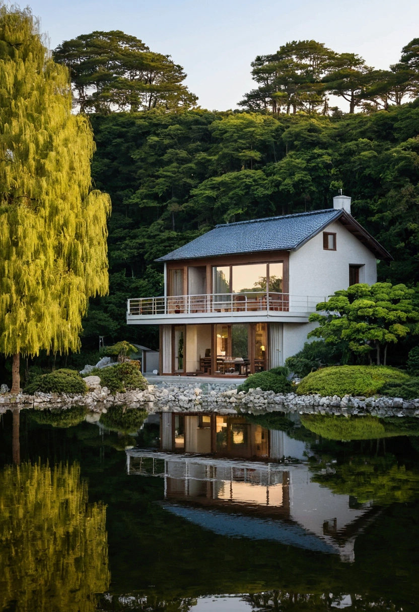 The Sunset Sun,high quality,Mont,Sunset showing a beautiful house by the lake. The house is made of wood、ホットタブ付きの大きなデッキthere is。. Trees in the background々And Mt.々there is. The water is clear、You can see the house reflected on the water..