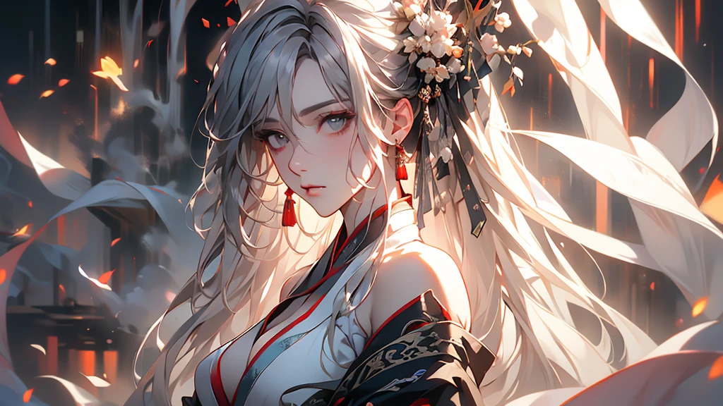 super high quality, masterpiece, Perfect illustration, Very detailed (Exquisite light and shadow, Very dramatic photo,Backlight) , ((Gray Hair:1.5))1 Girl,(( alone:1.6)), (Wearing Han clothes, Black and white Hanfu,Monotony,Long sleeve) (White smoke:1.3) (Realistic:1.4), Official Art, unity 8k wallpaper, Very detailed, Beautiful and beautiful, masterpiece, Highest quality, (Dynamic Angle: 1.4), Glowing Skin, (Floating colorful flashes: 1) The most beautiful chaotic shapes, elegant, Brutalist Design, Bright colors, Romantic Depth of Field Exotic_dance, half_naked、Expose your shoulders、Ample breasts、Great cleavage、Lean forward