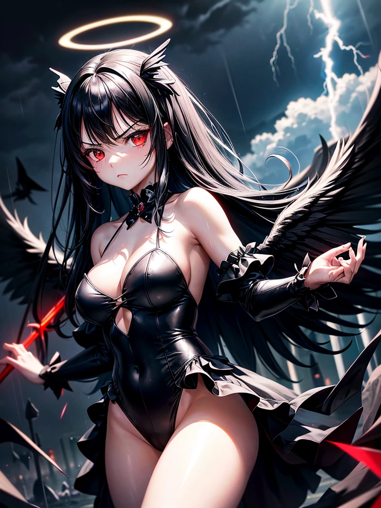 Highest quality,Highest Resolution,Beautiful girl with angry face in gothic ta leotard,High leg,Floating in the air,Halo,Night Sky,Lightning strikes,Thick Lightning,Very beautiful red eyes,rain,豪rain,(((Black angel wings on the back))),whole body,front,Black Hair,holding a large spear in his hand,