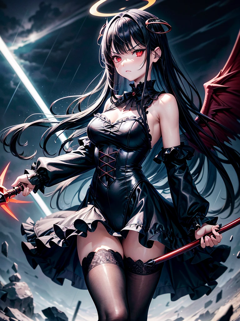 Highest quality,Highest Resolution,Beautiful girl with angry face in gothic lolita leotard,High leg,Floating in the air,Halo,Night Sky,Lightning strikes,Thick Lightning,Very beautiful red eyes,rain,豪rain,(((Black angel wings on the back))),whole body,front,Black Hair,holding a large spear in his hand,