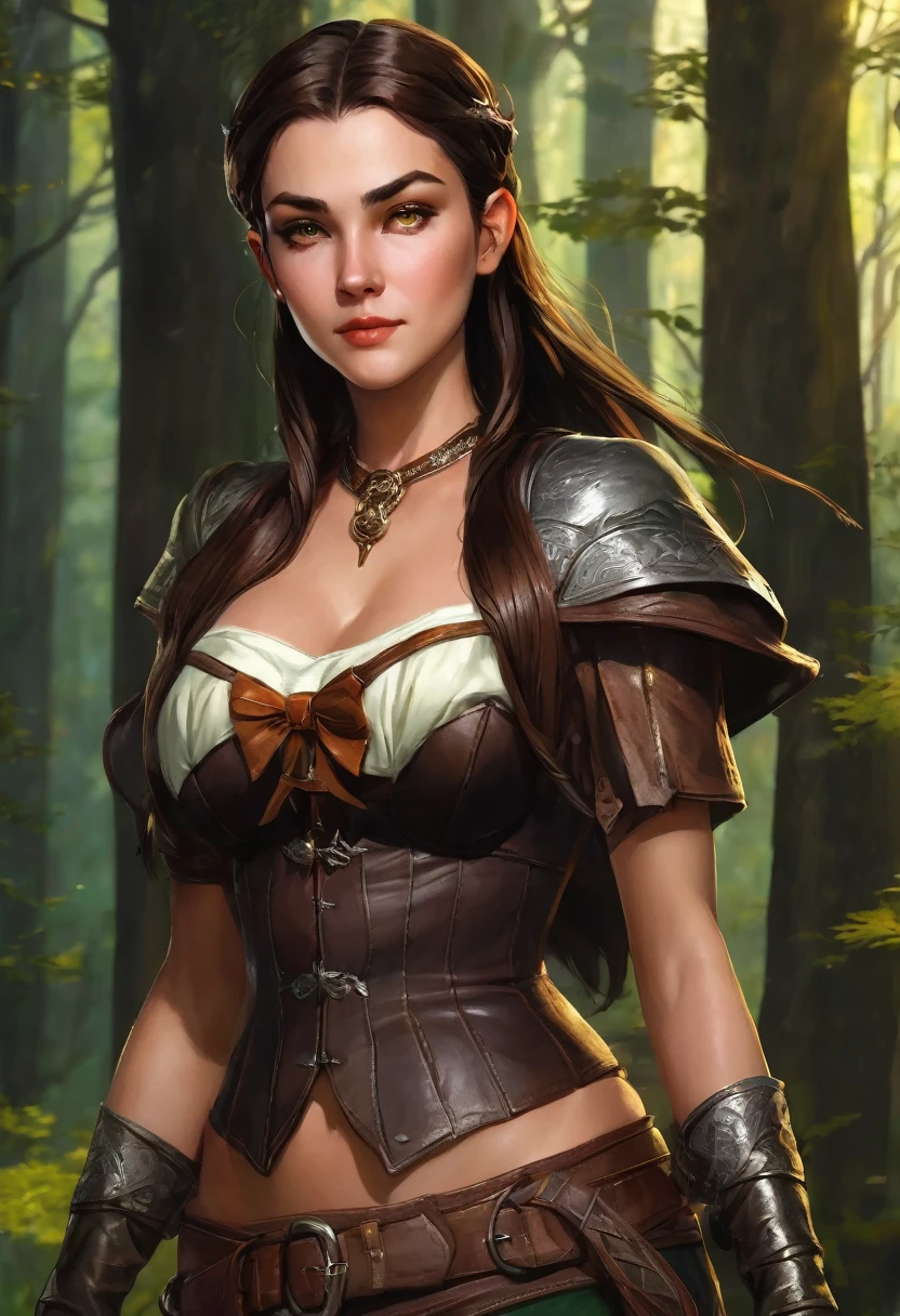 (masterpiece, top quality, best quality, official art, beautiful and aesthetic:1.2), (1girl:1.3), dark brown hair in a single braid, extremely detailed, portrait, looking at viewer, solo, (full body:0.6), detailed background, close up, cat eyes, (warm summer forest theme:1.1), (elf) ranger, charlatan, smirk, mysterious, running in forest, revealing ranger attire, brown leather, cowl, cloak, corset, long boots, buckles, straps, pouches, bow and arrow, green fabric, brown leather, ((((gigantic breasts, cleavage, skindentation)))), slim waist, slim hips, long legs, medieval (forest exterior:1.1) background, dark mysterious lighting, shadows, magical atmosphere, dutch angle,