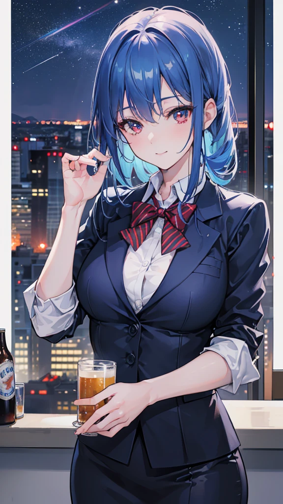 1girl, blue hair, red eyes, 25 years old, businesswoman, navy suit, office lady, beer stein, cheers, outdoor, starry night sky, rainbow colored stars, comet, smiling, fantastical atmosphere, soft focus, (best quality,4k,8k,highres,masterpiece:1.2),ultra-detailed,(realistic,photorealistic,photo-realistic:1.37)