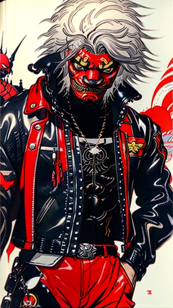 lion dance　whole body　cyber punk　 Japan　　Leather jacket　Gray Hair　AKIRA 　male　Fantasy