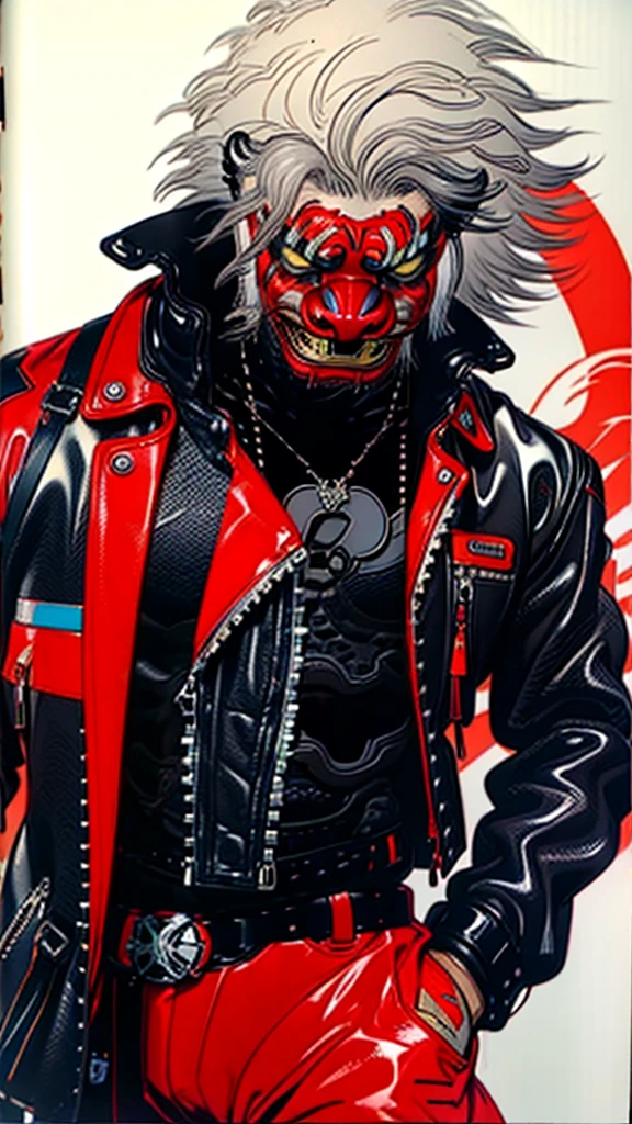 lion dance　whole body　cyber punk　 Japan　　Leather jacket　Gray Hair　AKIRA 　male　Fantasy