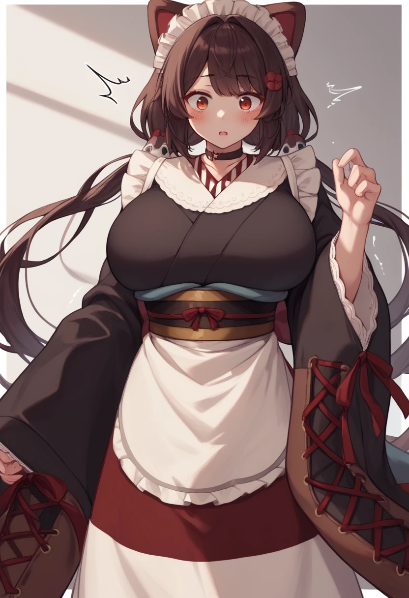 it1, flower, twintails, low twintails, very long hair, dog girl
choker, maid headdress, black kimono, wide sleeves, frills, obi, white apron, sleeves past wrists, skirt, red skirt, brown footwear, cross-laced footwear、Huge breasts、blush、surprised、trembling、Huge penis、Upper Body