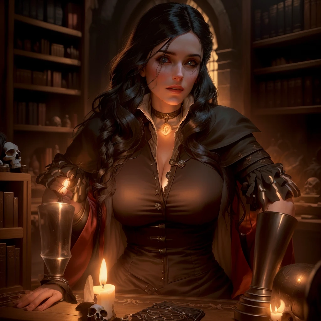 there is a woman with big breasts sitting at a table with a candle and a skull, Yennefer of vengerberg, Yennefer, she is in the potions workshop, portrait of a female necromancer, the librarian, portrait of a sorceress, portrait of a female magician, casting a spell on a potion, wizard)), mother of wizards