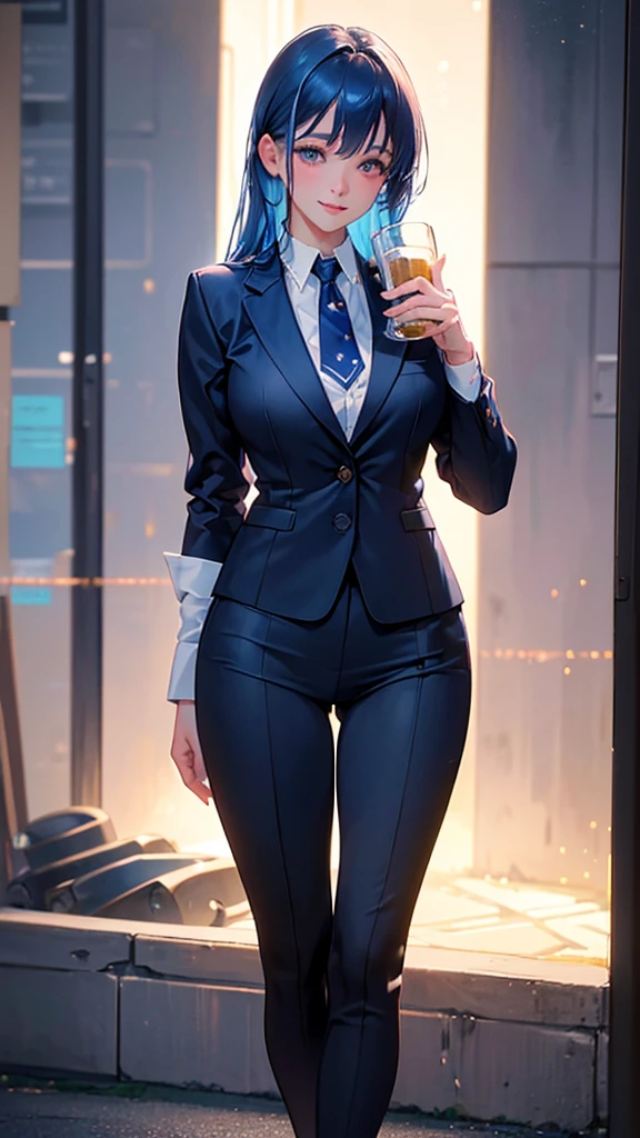 1girl, blue hair, red eyes, 25 years old, businesswoman, navy suit, office lady, beer stein, cheers, outdoor, starry night sky, rainbow colored stars, comet, smiling, fantastical atmosphere, soft focus, (best quality,4k,8k,highres,masterpiece:1.2),ultra-detailed,(realistic,photorealistic,photo-realistic:1.37)