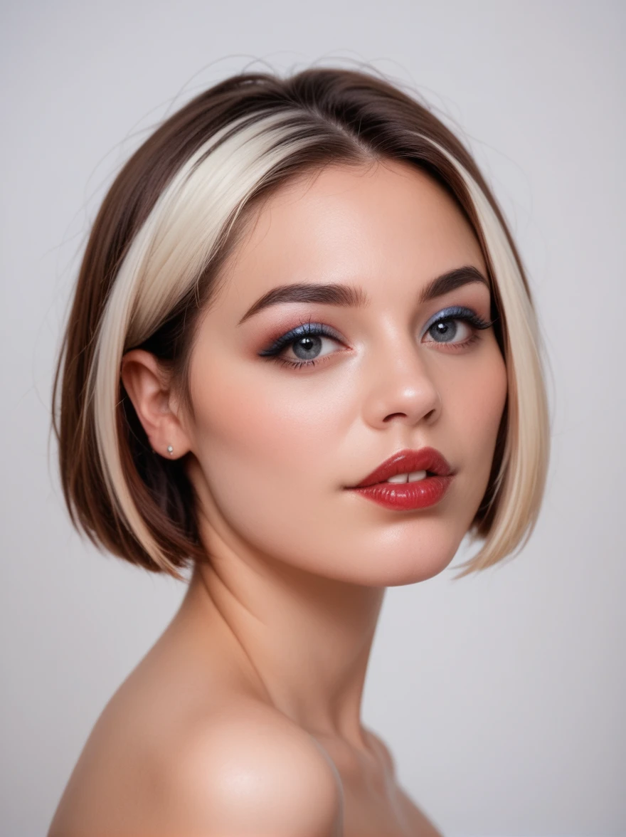 detailed raw photo, realistic, photorealistic, Epic realism, masterpiece, 1girl, solo, portrait, looking at viewer, white background, bob cut, short hair, multicolored hair, makeup, parted lips, red lips, eyeliner, finely details, ultra detailed
