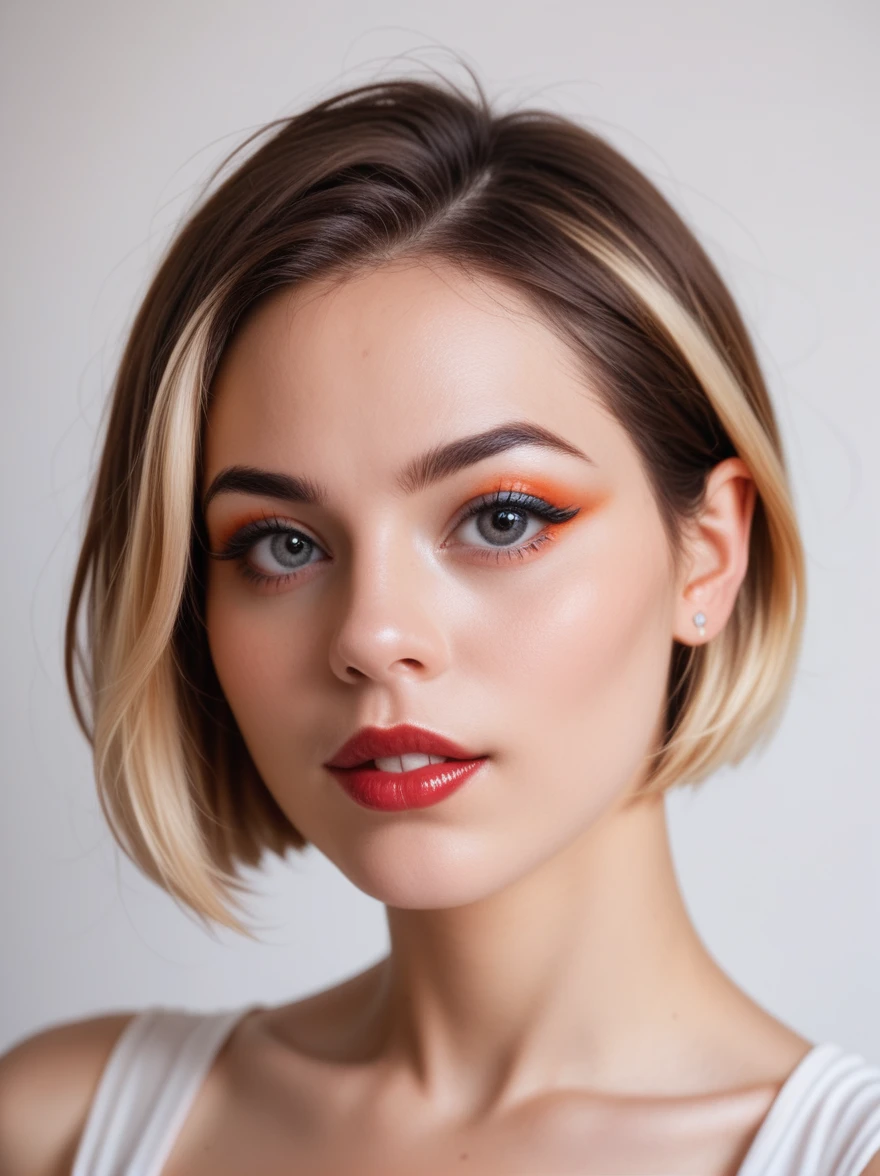 detailed raw photo, realistic, photorealistic, Epic realism, masterpiece, 1girl, solo, portrait, looking at viewer, white background, bob cut, short hair, multicolored hair, makeup, parted lips, red lips, eyeliner, finely details, ultra detailed