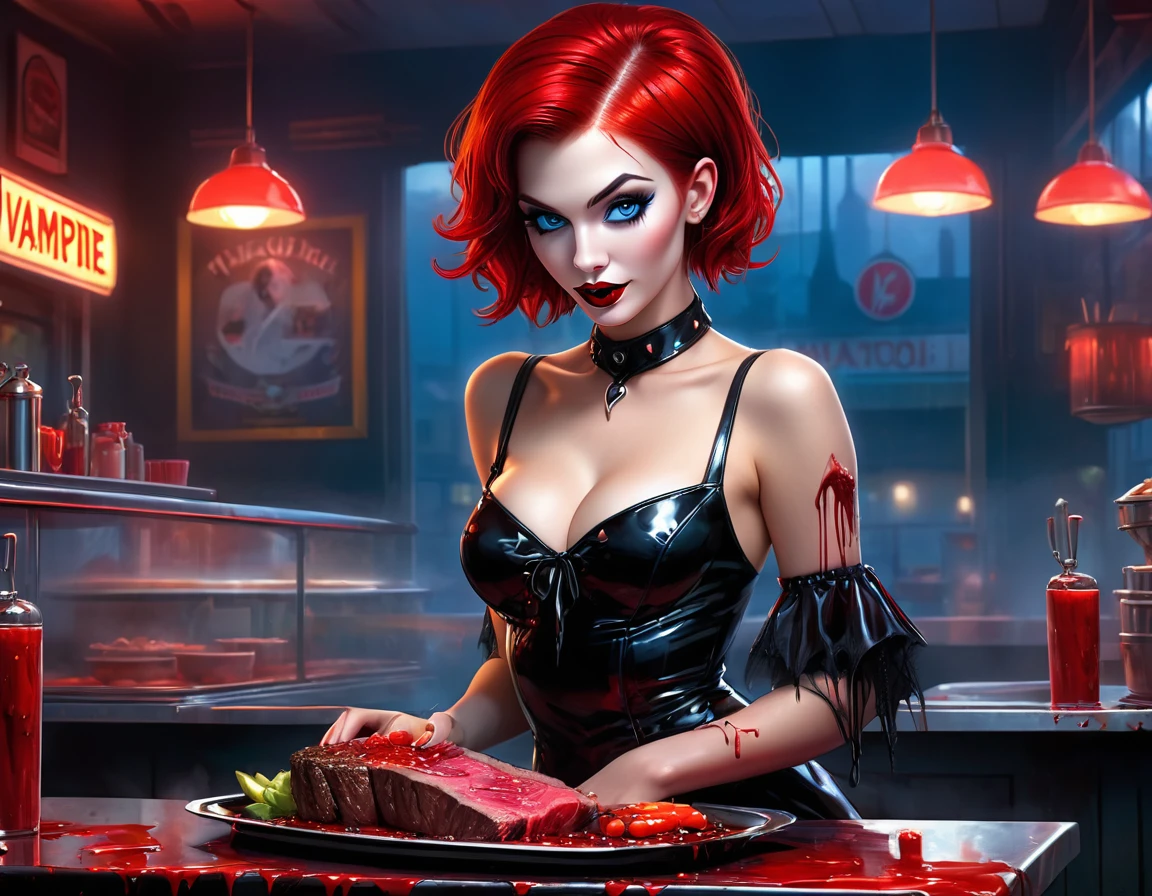 a 3D digital painting picture of extremely (beautiful female vanpire:1.3) serving a big juicy raw steak on a tray, dripping blood in a goth American diner, an exquisite beautiful female (vampire:1.3), (full body: 1.1) ultra feminine ultra detailed face, red hair, short hair, red lips, blue eyes, wearing sexy white seductive latex dress, serving a goth diner American kitchen background, full body dynamic angle, , award winning, best quality, high quality, high details, highres, vibrant, Ultra-high resolution, High Contrast, (masterpiece:1.5), highest quality, Best aesthetics, best details, best quality, highres, ultra wide angle, 16k, [ultra detailed], masterpiece, best quality, photorealistic, 3D rendering, furry