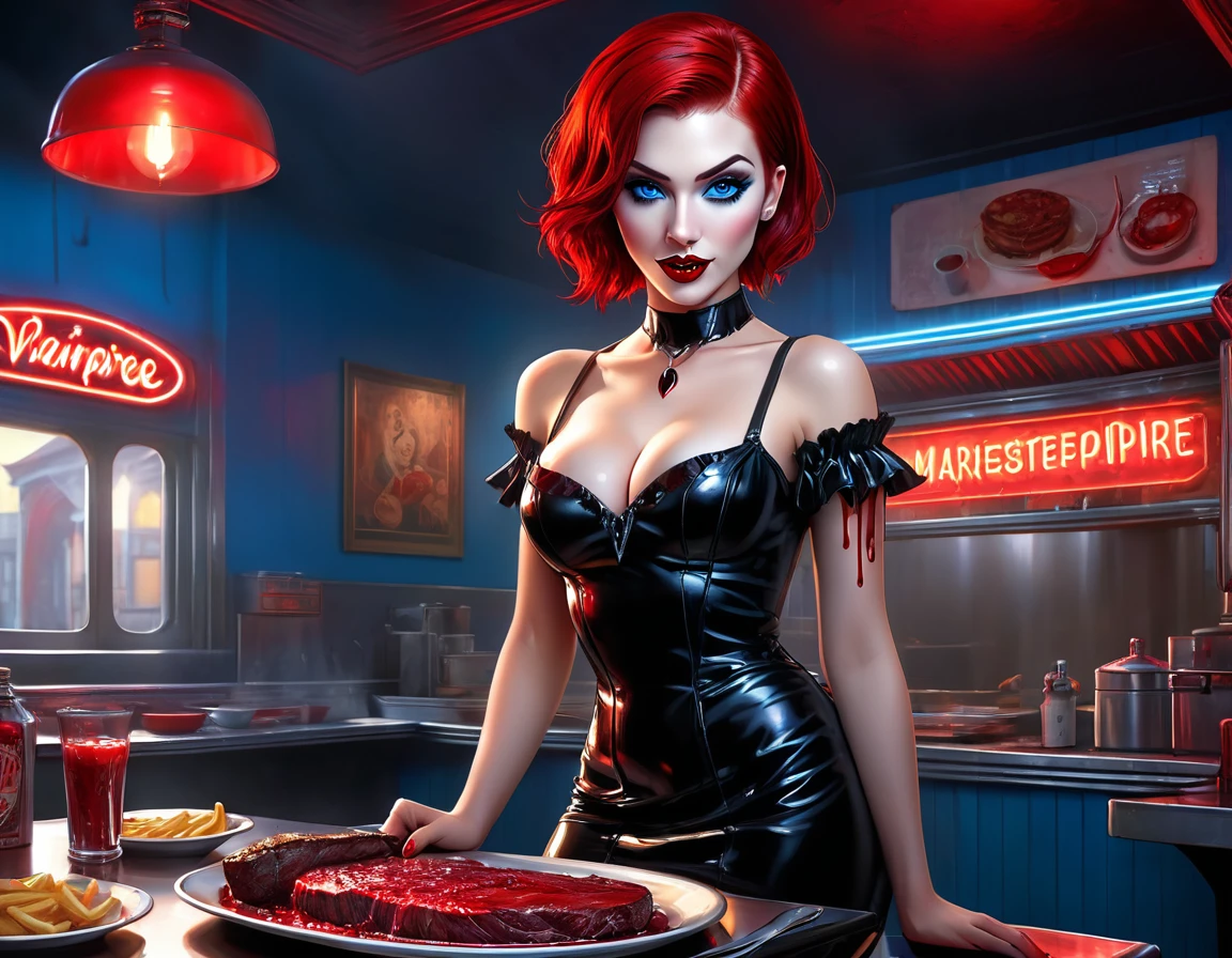 a 3D digital painting picture of extremely (beautiful female vanpire:1.3) serving a big juicy raw steak on a tray, dripping blood in a goth American diner, an exquisite beautiful female (vampire:1.3), (full body: 1.1) ultra feminine ultra detailed face, red hair, short hair, red lips, blue eyes, wearing sexy white seductive latex dress, serving a goth diner American kitchen background, full body dynamic angle, , award winning, best quality, high quality, high details, highres, vibrant, Ultra-high resolution, High Contrast, (masterpiece:1.5), highest quality, Best aesthetics, best details, best quality, highres, ultra wide angle, 16k, [ultra detailed], masterpiece, best quality, photorealistic, 3D rendering, furry
