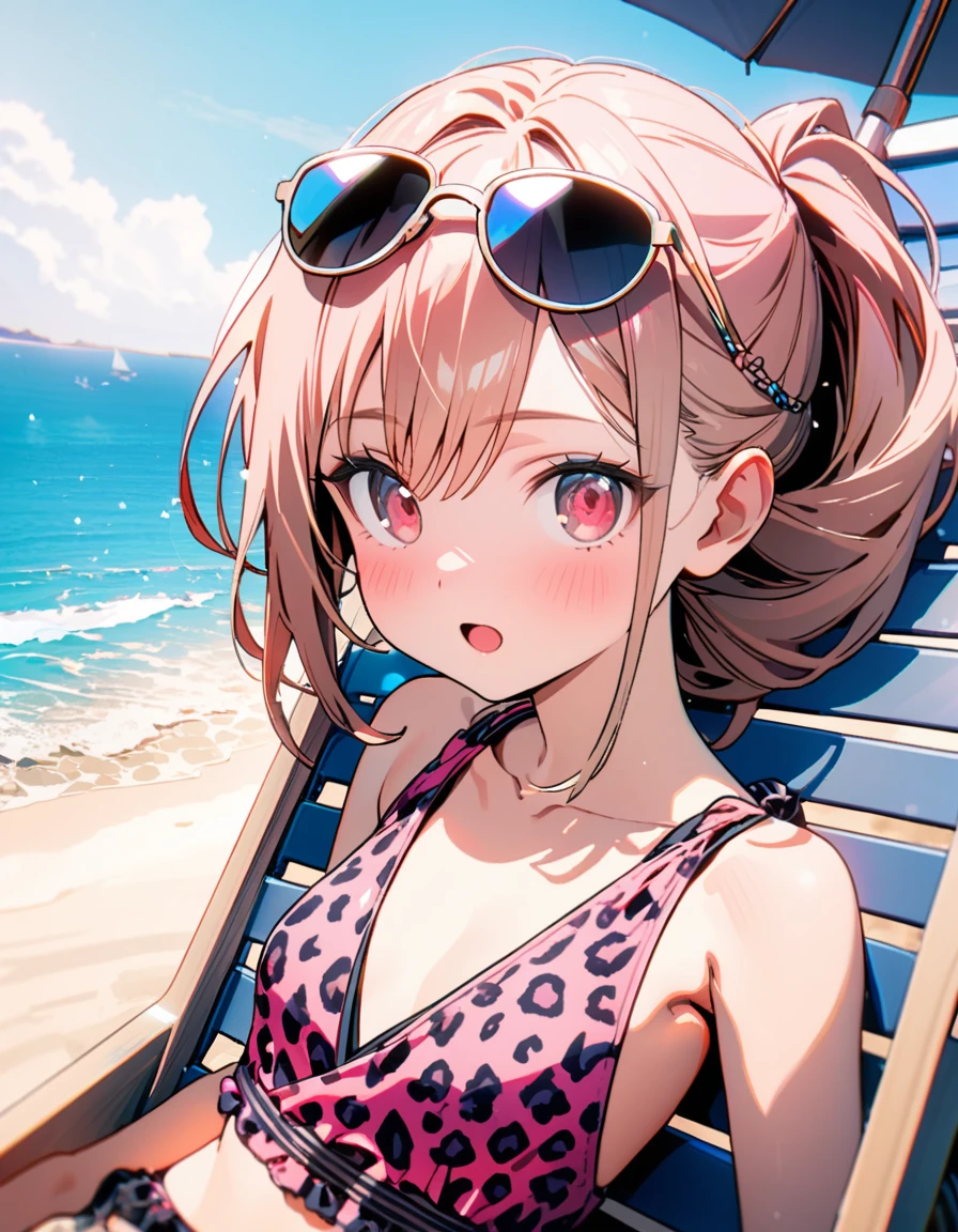 (8K, best quality, master piece: 1.2),super high resolution,1 girl,16yo,solo,ultra-detailed face,deep detailed eyes,Mascara,Carelessly tied up hair,gold hair,wearing leopard pattern plunging(pink:1.4),smile,:o,red eyes,sunglasses on head,rim light,lying deck chair,汗,beach parasol,sea side