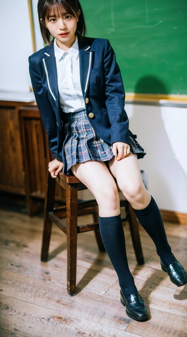 (8K、RAW Photos、Highest quality、masterpiece:1.2)、(Realistic、Photorealistic)、1 Girl、((Checked mini skirt、Loafer Uniform、Dark blue socks、blazer、Big Breasts、classroom、I sat on a chair、Viewed from the front、Stand with your feet apart、))、Lots of eyelashes、Add shine to your eyelids、skeletally correct
