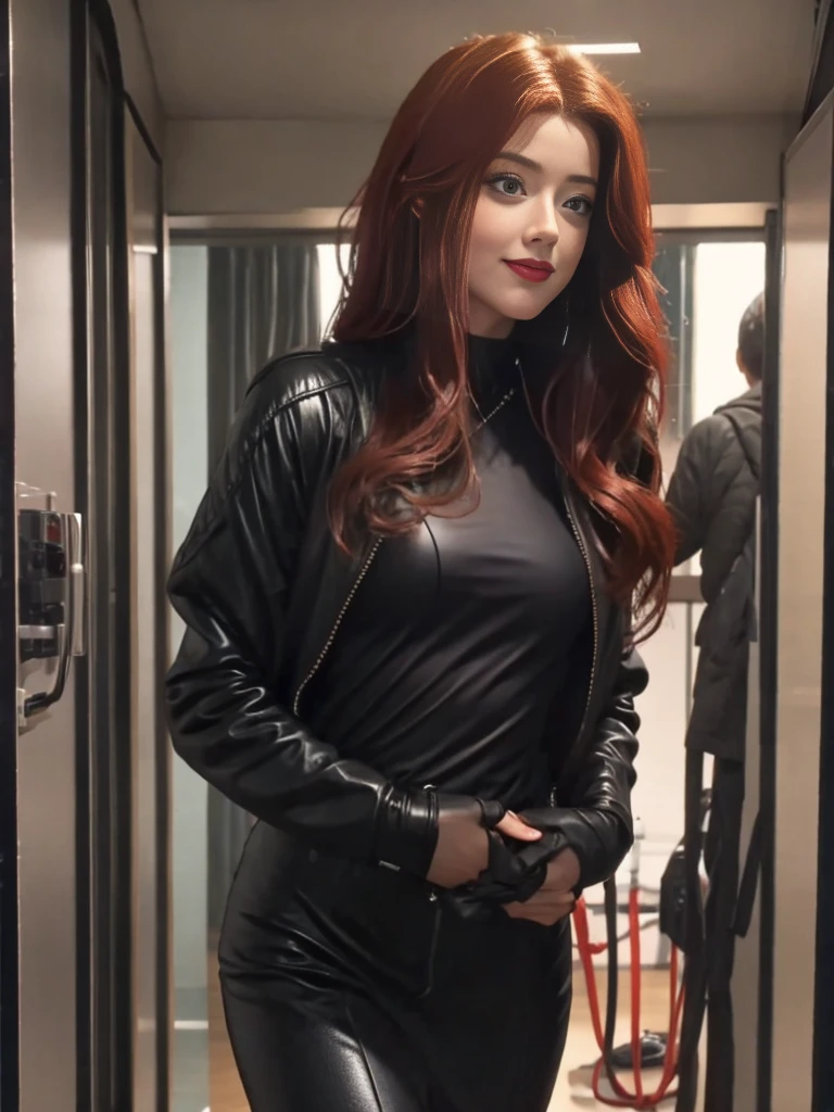 a sexy 28 year old woman, beautiful redhead AMBER HEARD alone, detailed eyes, lush lips, flirtatious smile, youthful enthusiasm, standing on the bridge of a starship, dressed as CATWOMAN, Walking down the hallway, realist, fotorrealist, 8k, high quality, Masterpiece, studio lighting, extremely detailed.