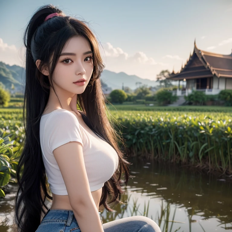 ภาพถ่ายหน้าตรงThai anime, Female anime Araffe 25 30 years old, realistic: Open the aperture wide., professional lighting, Sony A7R4, 50 mm sitting lens. 2 ; Warm light, (digital painting, HDR, high contrast (digital painting, HDR, high contrast), (Highest quality),(Masterpiece:1.3),(sharp focus:1.2:),Old jeans torn, bright colored t-shirts, Looking straight at you intently, Long-haired woman with a round face, Red cheeks, Pink cheeks, black eyes ตาสองชั้น, black eyes, Thai anime, Has a large chest size of 38 inches., ponytail woman, flowing black hair, long flowing black hair, she has black hair, Her black hair was long and wavy., beautiful black hair, Extra dark natural black hair, The shirt is tight., Looks hot., ,black eyes,abdominal muscles, rounded chest, outdoor, The background is a rice field., There is an old thatched Thai-style hut in the background., The evening sun shines, beautiful female model, jaw-dropping beauty,