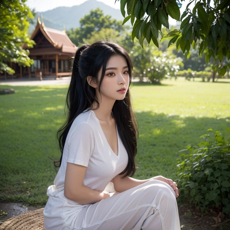 ภาพถ่ายหน้าตรงThai anime, Female anime Araffe 25 30 years old, realistic: Open the aperture wide., professional lighting, Sony A7R4, 50 mm sitting lens. 2 ; Warm light, (digital painting, HDR, high contrast (digital painting, HDR, high contrast), (Highest quality),(Masterpiece:1.3),(sharp focus:1.2:),Old jeans torn, bright colored t-shirts, Looking straight at you intently, Long-haired woman with a round face, Red cheeks, Pink cheeks, black eyes ตาสองชั้น, black eyes, Thai anime, Has a large chest size of 38 inches.,  ponytail woman, flowing black hair, long flowing black hair, she has black hair, Her black hair was long and wavy., beautiful black hair, Extra dark natural black hair, The shirt is tight., Looks hot., ,black eyes,abdominal muscles, rounded chest, outdoor, The background is a rice field., There is an old thatched Thai-style hut in the background., The evening sun shines, beautiful female model, jaw-dropping beauty, 