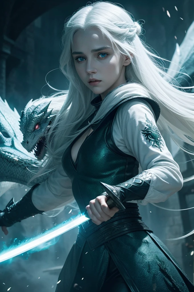 A blue-eyed, white-haired Targaryen woman wielding a sword, her black dragon and green eyes behind her, released green smoke around 