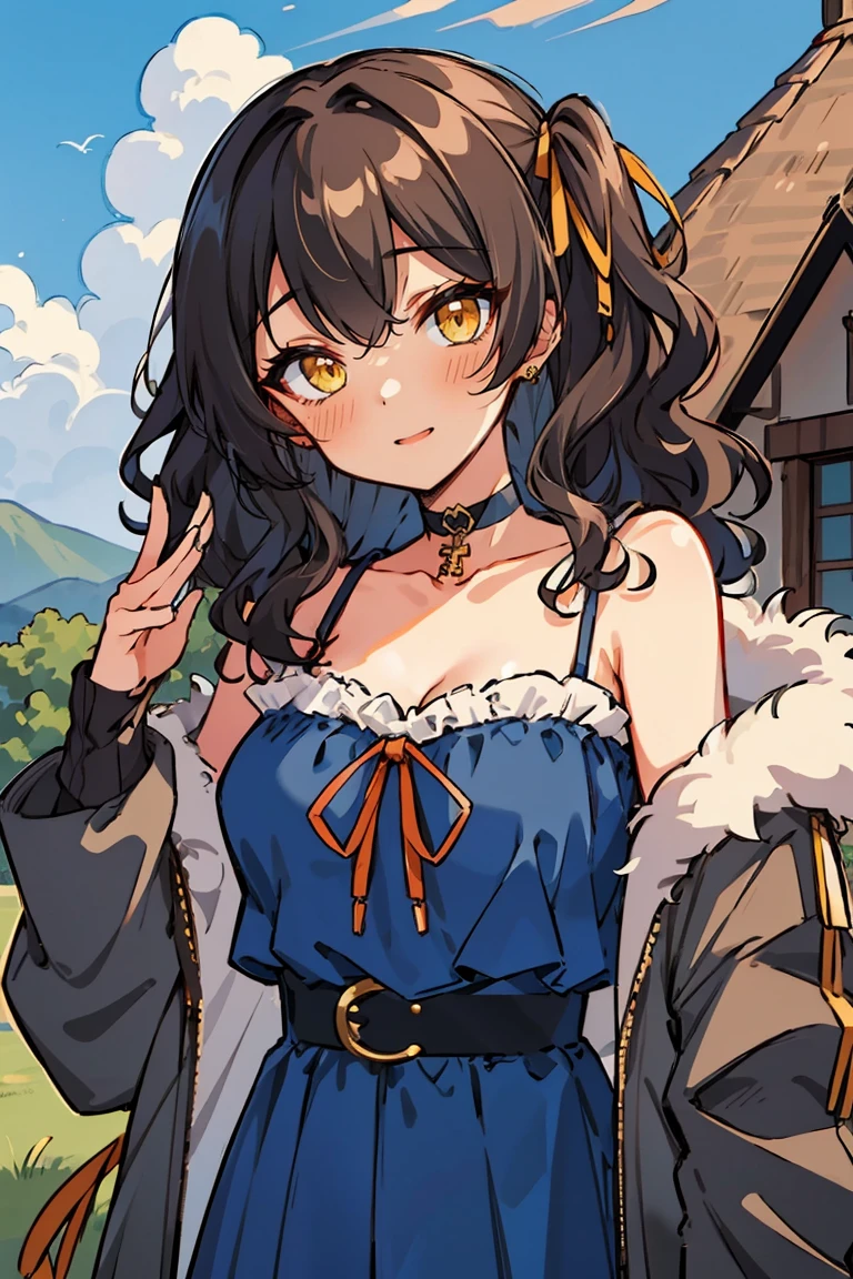 (masterpiece:1.2), (high quality:1.2), hui xiyi, rekkyo sensen, rekkyou sensen, girls with((1girl, solo, black hair, yellow eyes, (wavy medium hair, one side up:1.5), blush, breasts, black choker, cleavage, coat, bare shoulders, collar, collarbone, cowboy shot, dress, (blue clothes:1.3), (ribbon belt:1.45), long sleeves, frills shirt, frills camisole, straps, (ribbon tie, rosary choker, golden rosary, cross:1.05), fur, khaki jacket, hood down, hooded coat, hooded jacket, hoodie, jacket, large breasts, long hair, long sleeves, medium breasts, open clothes, open coat,open hoodie, sleeveless, winter clothes, zipper, cleavage, upper body, hand up, waving, palm)), background with((architecture, blue sky, bush, castle, village, no humans, cloud, cloudy sky, day, field, garden, grass, hill, house, lamppost, landscape, mountain, mountainous horizon, nature, no humans, outdoors, scenery, shrine, sky))