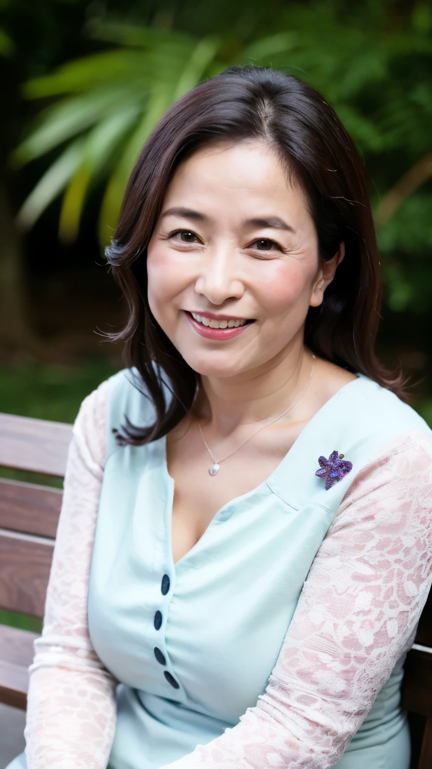 最high quality, In 8K, Masseter region, Genuine, Sharp focus, high quality, High resolution, Detailed face, fine grain, Thick lips, Background Blur, alone, Middle-aged women, , 65 years old, , Wavy Hair, Cleavage, Wearing a plain short-sleeved knit, sitting on a park bench, Wrinkles around the eyes, Smiling with teeth showing