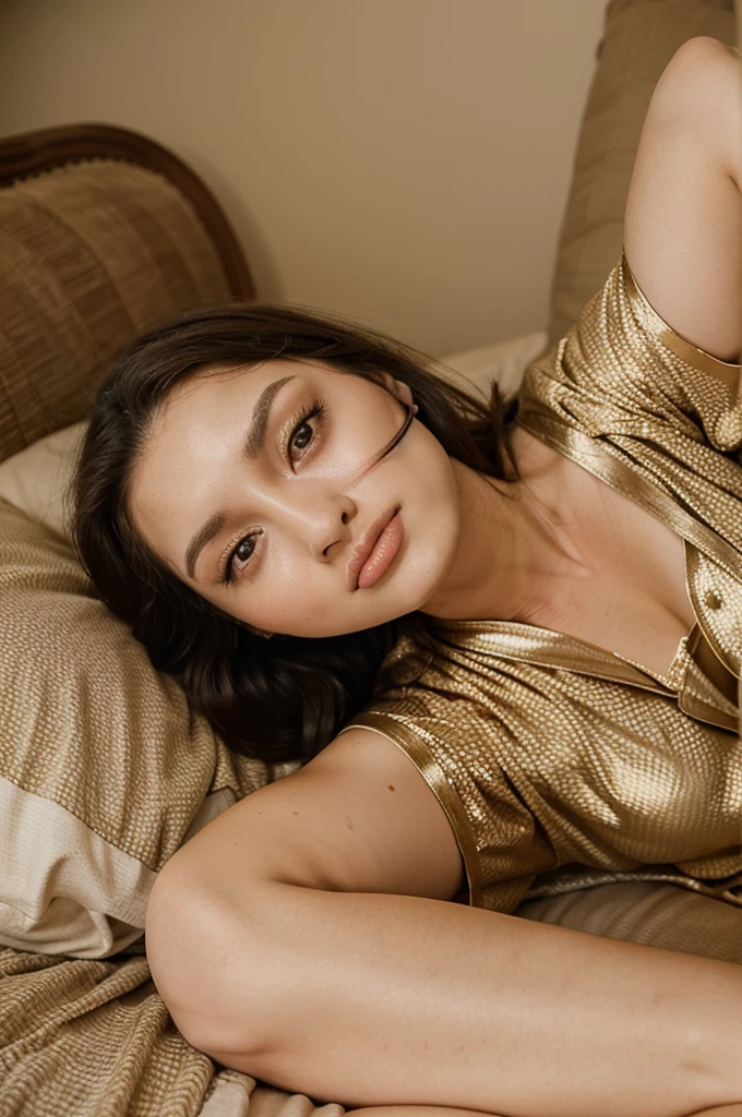 Beautiful girl, oval face, wearing sexy pajamas, lying next to a Kangaroo, Australia