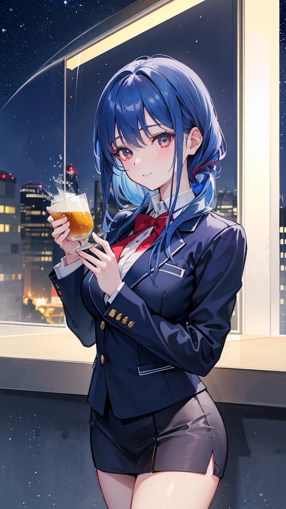 1girl, blue hair, red eyes, 25 years old, businesswoman, navy suit, office lady, beer stein, cheers, outdoor, starry night sky, rainbow colored stars, comet, smiling, fantastical atmosphere, soft focus, (best quality,4k,8k,highres,masterpiece:1.2),ultra-detailed,(realistic,photorealistic,photo-realistic:1.37)