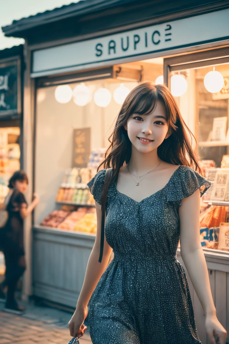(a cute girl:1.3), 1girl, solo, (portrait:1.3), ((masterpiece)), ((best quality)), (ultra-detailed), ((kawaii)), cute, (lovely), ((extremely detailed)), 4K, (8K), best quality, (beautiful), photorealistic, walking, smile, through a bustling summer city street, colorful shop signs, people in summer clothes, dramatic lighting, sharp shadows,