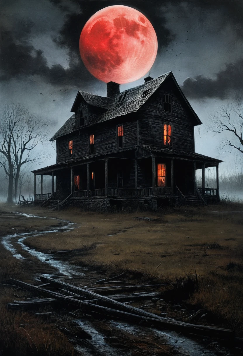 "The painting depicts an abandoned farmhouse surrounded by lifeless fields. The dim light of the moon breaks through the thick clouds, illuminating the silhouette of a strange creature that slowly creeps towards the house. The monster resembles a nightmarish combination of human and animal features: long curved claws covered with thick fur, and eyes ,
glowing with an ominous red light. His distorted face expresses madness and suffering. A fog swirls around the creature, hiding its true size and shape, adding a sense of suspense and horror. In the background is an abandoned farm, its dilapidated buildings only adding to the atmosphere of abandonment and despair. The viewer feels the cold wind
, carrying the whispers of unseen ghosts, heightening the sense of imminent danger." 8K, super detail, hyperrealism, Andrew Wyeth style, eerie horror, dark atmosphere, strange creature, nightmarish realism, cinematic lighting effect, foggy environments, atmospheric horror, ominous beauty, dark shades, realistic texture,
Andrew Wyeth, dark realism, frightening plot, disturbing composition.