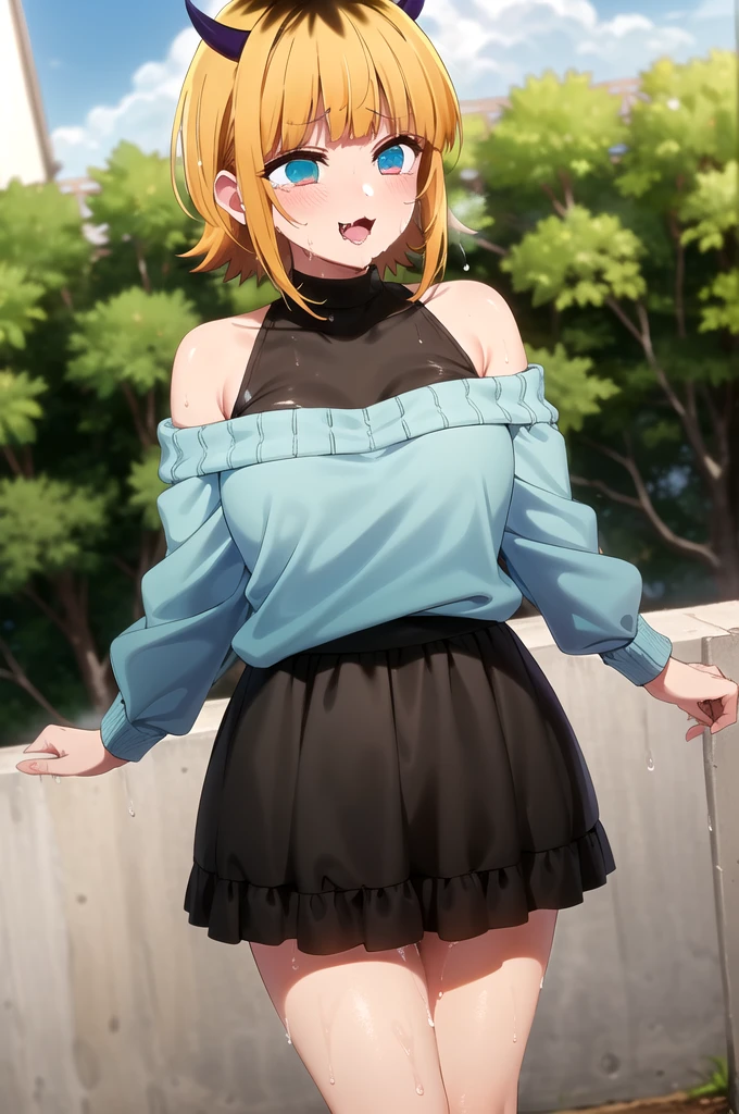 Best and highest quality, masterpiece, detailed,
memcho,
Open your mouth, A slight blush, :3, smile,
short hair, Blonde, Multicolored Hair, Aqua Eye, Blunt bangs, horn,
(Blue sweater:1.2), Black Shirt, Bare shoulders, Black Skirt, I tucked in my sweater.,
Are standing, Looking at the audience,
(Day:1.2), garden, Outdoor,

,nsfw,(ecstasy:1.3) ,(slut:1.2),(vulgarity:1.3),(fucked silly:1.1),(steam:1.1),(wet:1.2),(trembling:0.8),(tears:0.9) ,(drooling:1.1),(sweat:1.1),