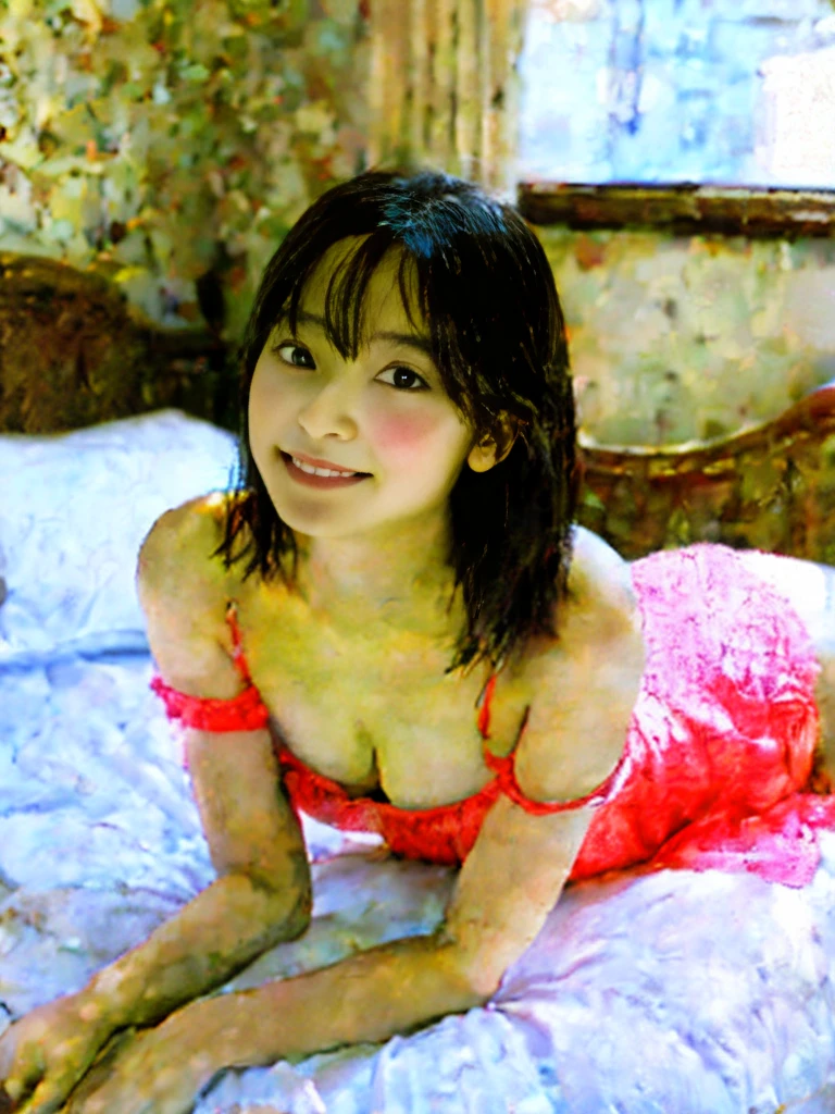 Tabletop, Highest quality, figure, Super detailed, In detail, High resolution, 8k wallpaper, Perfect dynamic composition, Beautiful attention to detail, Natural Lip ,Cleavage, whole body, See-through、bedroom、Bottomless Nude、NSFW 、Beautiful feet、barefoot、前開きのSee-throughのワンピース、I can see the vagina、A 12-year-old with a cute smile、Big Breasts、Delicate slender body、オフショルダーのSee-throughのブラトップ、Lower body nude、Nipples are visible、I can see the vagina、barefoot、Off-shoulder camisole、A young girl with smooth skin、Nipples are visible、Innocent beautiful girl、Well-formed eyes、Big Eyes、Open front dress