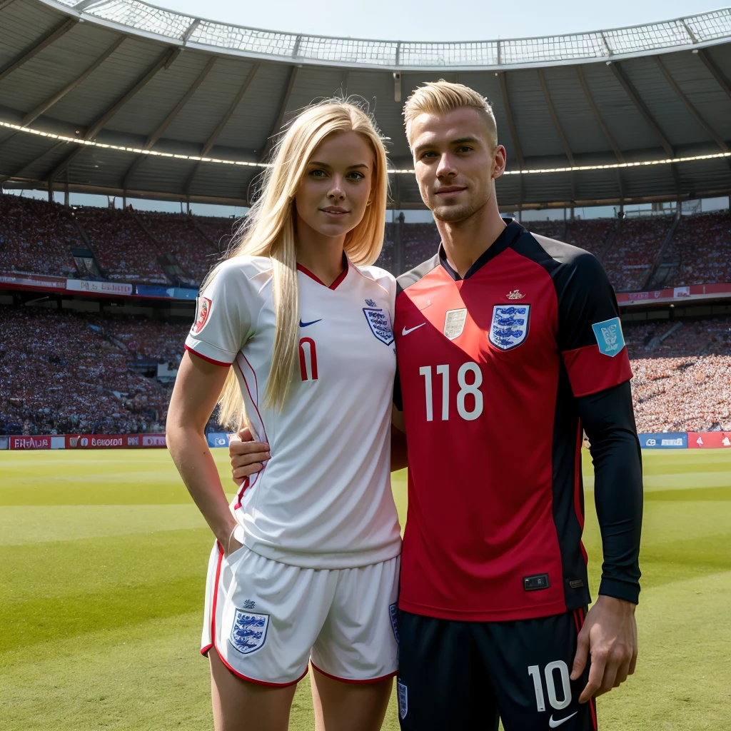 ((best quality)), ((masterpiece)), (detailed), ((couple)) , 1woman, very long blonde hair, England soccer jersey , 1man, ((tall man)) , muscular, handsome, dark, ((short hair)) , wearing England soccer jersey, soccer game, Stadion, summer time