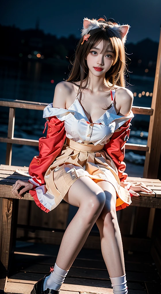 diana cosplay costume, animal ears, long jacket, bow, hair ornament, serafuku, neckerchief, long sleeves, socks, shoes, ((Bare shoulders)), ((Full breasts)), ((The skirt is short)), ((Sexy legs)), ((knee shot)), ((Standing, Elegant posture)), 1girl,独奏, 1girl, Cute Girl, Beauty, Practical, Fashion Girl, Red lips, Mature women, Exquisite makeup, big eyes, beautiful, (best quality, masterpiece:1.2), Extremely detailed, (Practical:1.37), ((Random Scenes, Random shooting angle)), ((Sexy long legs)), Young and energetic, Charming model, (Exquisite eyes, Delicate lips), Show a bright smile, Create stunning girl images, warm color, Extremely saturated colors, Official Art, Extremely detailed的 CG, Unity 8K wallpaper, (High Dynamic Range :1.4), (Movie atmosphere),(Soft colors), (Natural skin texture, ultra-Practical, Soft Light, sharp),(Very detailed), night, moonlight