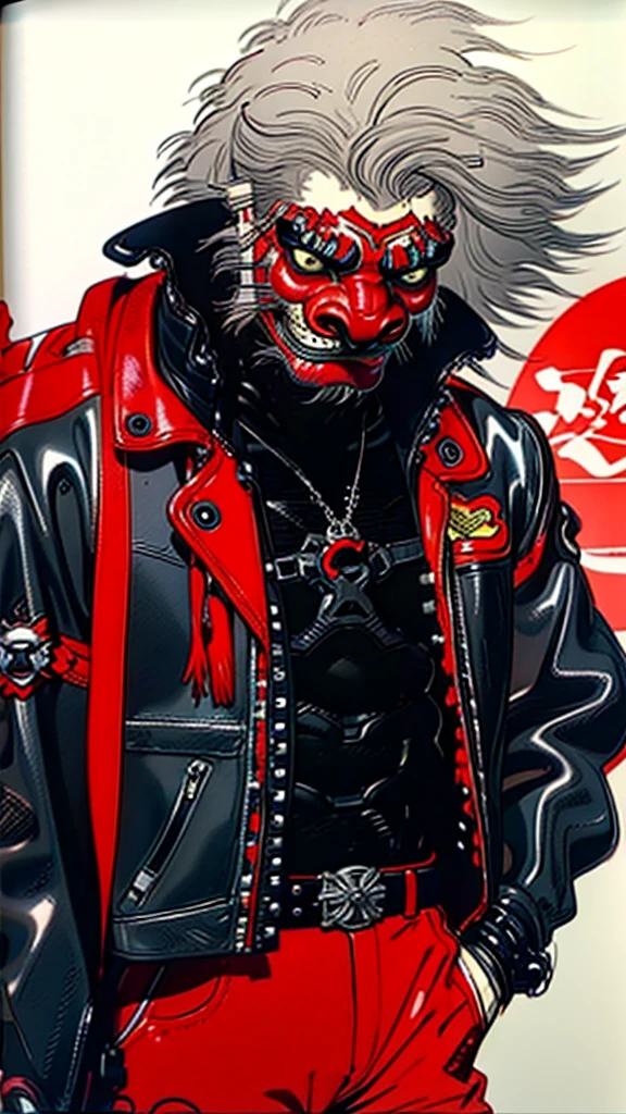 lion dance　whole body　cyber punk　 Japan　　Leather jacket　Gray Hair　AKIRA 　male　Fantasy