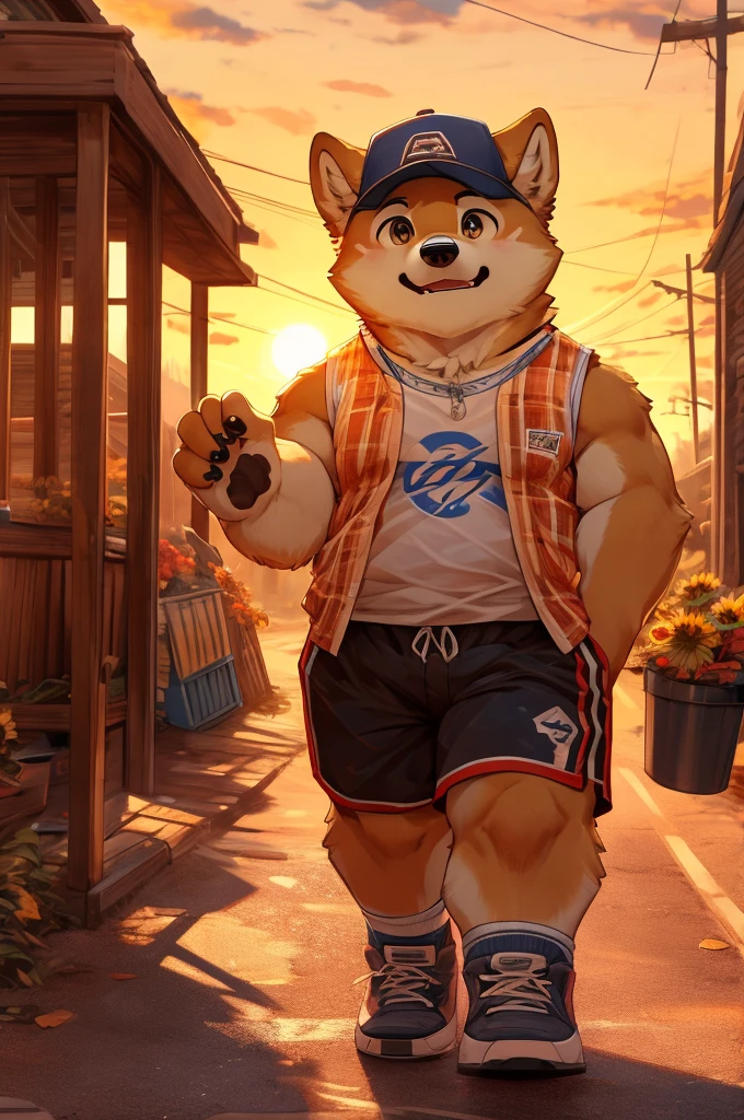 ( masterpiece, Highest quality, High resolution, Deeply drawn boundaries, 8K, Super detailed), (Detailed face:1.2, Detailed eyes), Shiba Inu, male , Petite, Full body view, juvenile, Tank top, trunks, Country fields, sunflower, bus stop, cumulonimbus, Baseball Cap, Unpaved roads, alone, Hand with paw, Holding out your hand, sneakers, sunset, Background with utility poles, Small forest hill, Sweating,