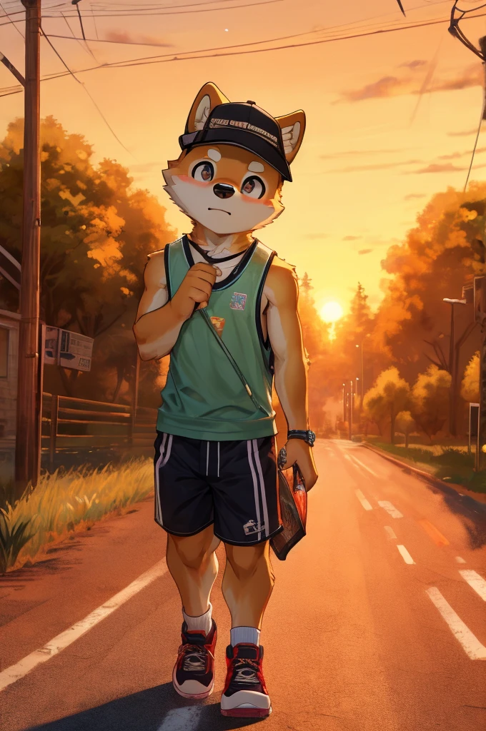 ( masterpiece, Highest quality, High resolution, Deeply drawn boundaries, 8K, Super detailed), (Detailed face:1.2, Detailed eyes), Shiba Inu, male , Petite, Full body view, juvenile, Tank top, trunks, Country fields, sunflower, bus stop, cumulonimbus, Baseball Cap, Unpaved roads, alone, Hand with paw, Holding out your hand, sneakers, sunset, Background with utility poles, Small forest hill, Sweating,