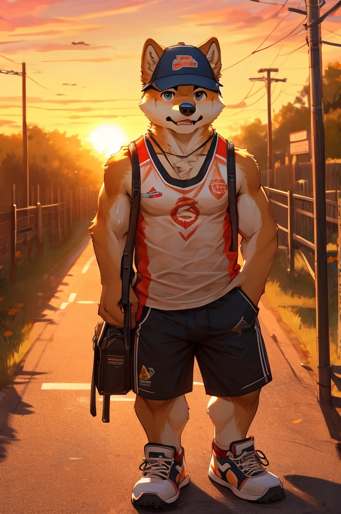 ( masterpiece, Highest quality, High resolution, Deeply drawn boundaries, 8K, Super detailed), (Detailed face:1.2, Detailed eyes), Shiba Inu, male , Petite, Full body view, juvenile, Tank top, trunks, Country fields, sunflower, bus stop, cumulonimbus, Baseball Cap, Unpaved roads, alone, Hand with paw, Holding out your hand, sneakers, sunset, Background with utility poles, Small forest hill, Sweating,