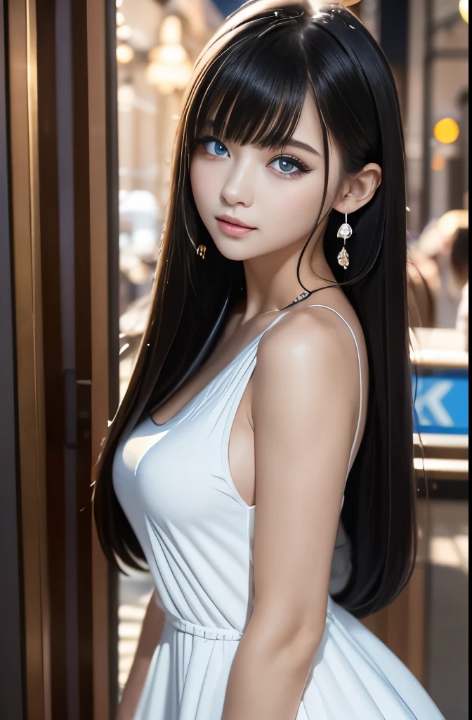 Ultra high definition, 1 female, Black shiny hair, Blue Eyes, Delicate face, cute, Soft skin texture, Love Earrings, White Dress, Standing at the entrance to the arcade, Playful, 8K Ultra HD, masterpiece, Highest quality, Super detailed, Accurate
