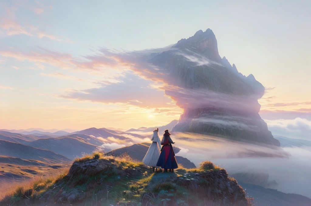 Magical digital illustration, surrealism, sunset, huge wolf walk among the mountains, turns round and looks at the girl, girl standing with her back, A girl stands on a wooden balcony overlooking a vast, misty mountain landscape, a girl dressed in a Caucasian national dress, with two long braids, calm peaceful atmosphere, natural light, (( Artem Chebokha, Devin Elle Kurtz, Rossdraws style)), Peter Morbacher style, awarded on artstation, cinematic light, magical light, The scene combines elements of fantasy and nature: the girl is looking into the distance, while the huge wolf adds a surreal touch