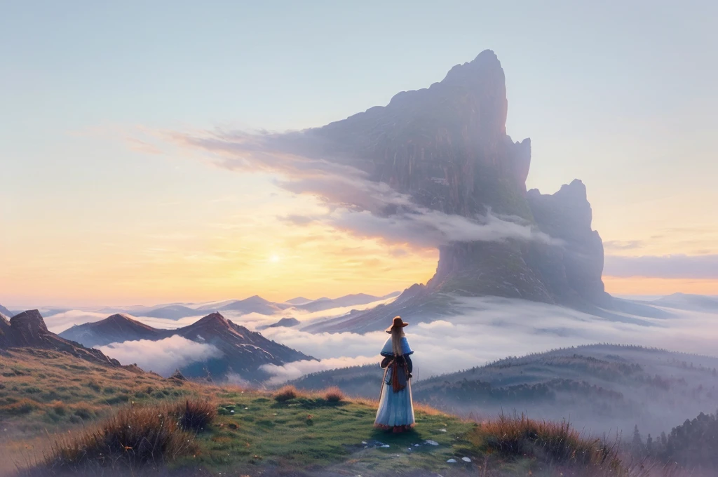 Magical digital illustration, surrealism, sunset, huge wolf walk among the mountains, turns round and looks at the girl, girl standing with her back, A girl stands on a wooden balcony overlooking a vast, misty mountain landscape, a girl dressed in a Caucasian national dress, with two long braids, calm peaceful atmosphere, natural light, (( Artem Chebokha, Devin Elle Kurtz, Rossdraws style)), Peter Morbacher style, awarded on artstation, cinematic light, magical light, The scene combines elements of fantasy and nature: the girl is looking into the distance, while the huge wolf adds a surreal touch